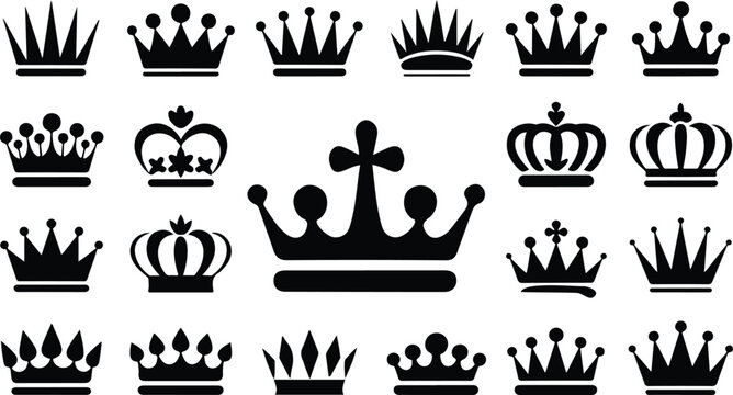 Minimal black crown symbol set with luxury royal emblems ornate tiaras and geometric monarchy icons in modern vector layout