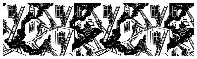 Firefighters battling a building fire using ladders and hoses in panoramic graphic style © Camel
