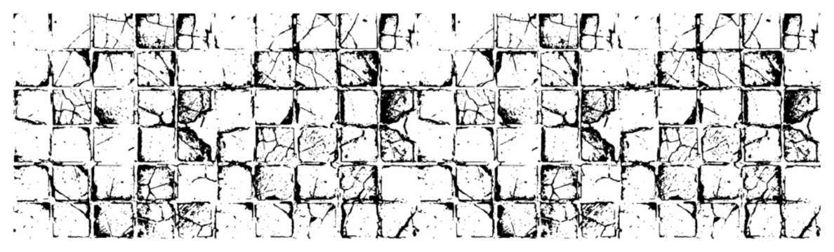 Old cracked square tiles and distressed stone pavement texture in panoramic monochrome style