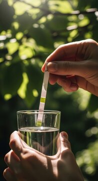 Woman testing ph level of water with strip in a glass. Environmental science and ecology concept for water quality analysis.