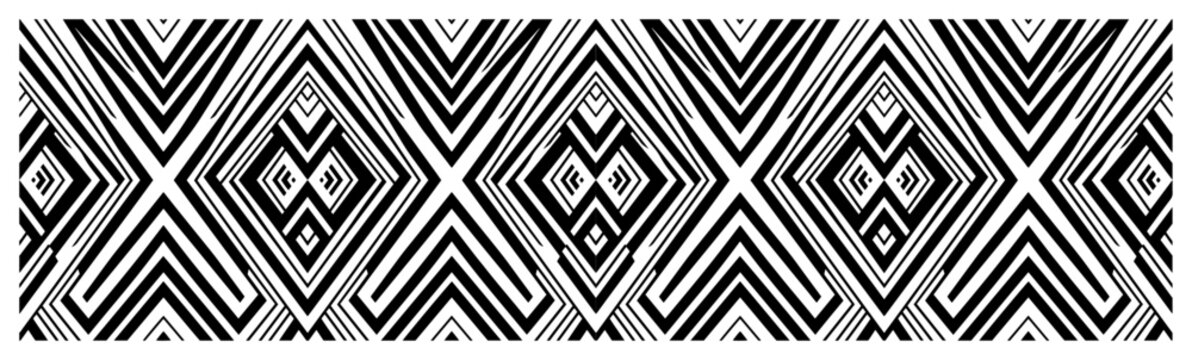 Geometric tribal pattern with bold black and white diamond shapes in symmetrical ethnic style
