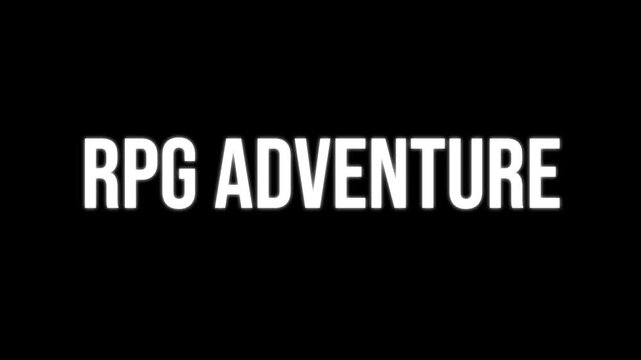 RPG Adventure text animation, kinetic typography glitch effect. Animated white letters chaotic assembly on black background. Gaming intro, fantasy role playing game title.