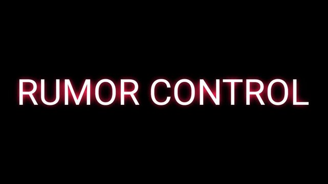 Rumor Control text animation, kinetic typography glitch effect. Animated white letters chaotic assembly on black background. Fact check intro, media journalism truth title.