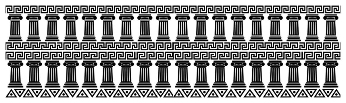 Classical greek border with ionic columns and meander key ornaments in ancient architectural style