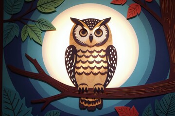 Fototapeta premium Stylized owl sits on tree branch against bright moon. Detailed paper cutout art, night forest scene, whimsical character. Perfect for children books, nature themes, or decor.