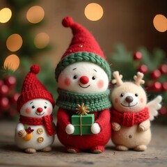 Fototapeta premium Three adorable felted winter characters including a snowman holding a green present with bow