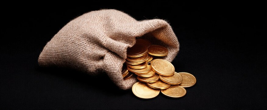 The burlap bag filled with gold coins evokes feelings of wealth and financial prosperity.