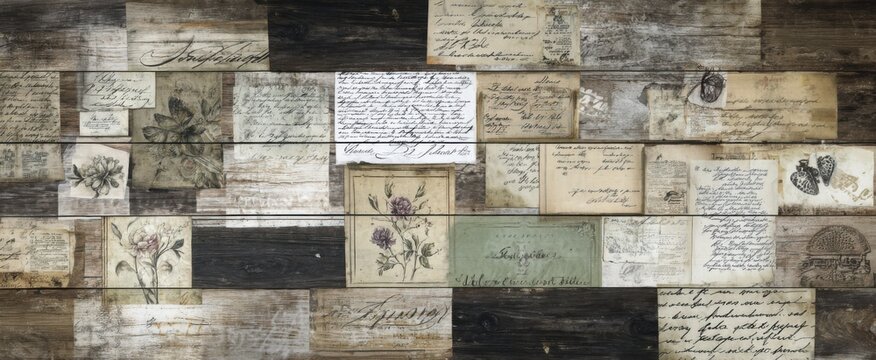 collage vibrant mix of retro prints and elegant handwritten notes on rustic wood background