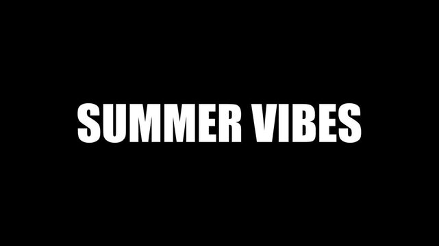 Summer Vibes text animation, kinetic typography glitch effect. Animated white letters chaotic assembly on black background. Seasonal promo intro, travel vlog title design.
