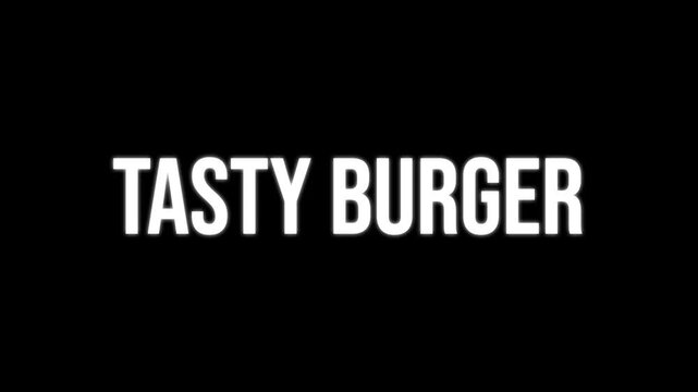 Tasty Burger text animation, kinetic typography glitch effect. Animated white letters chaotic assembly on black background. Fast food intro, burger joint promo, dynamic title design.