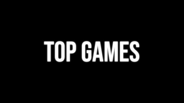 Top Games text animation, kinetic typography glitch effect. Animated white letters chaotic assembly on black background. Gaming intro, video game review title, dynamic call to action.
