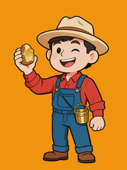 Fototapeta premium Happy Cartoon Gold Miner Holding a Raw Gold Nugget