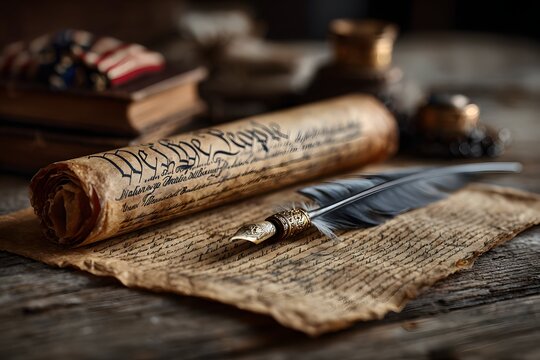 Constitution document and quill dance on a wooden stage beside legal books and a folded flag.