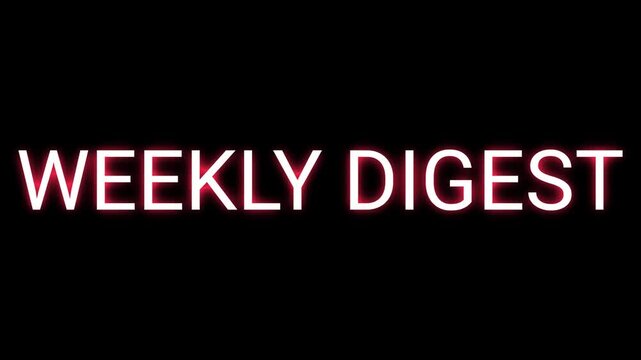 Clean kinetic typography animation where chaotic letters assemble into Weekly Digest text on a dark modern background for news and updates.