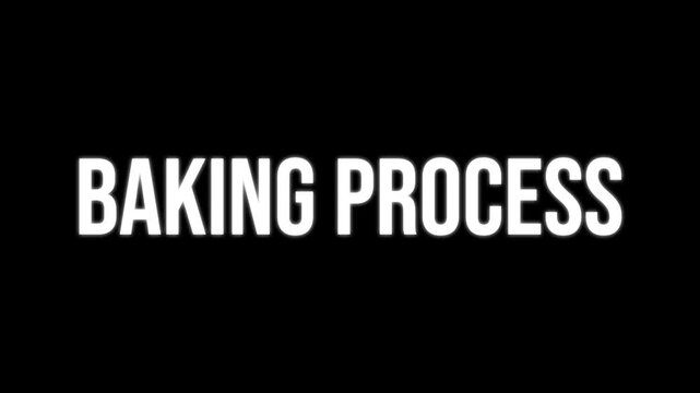Clean kinetic typography animation where chaotic letters assemble into Baking Process text on a dark background with a modern cooking theme.