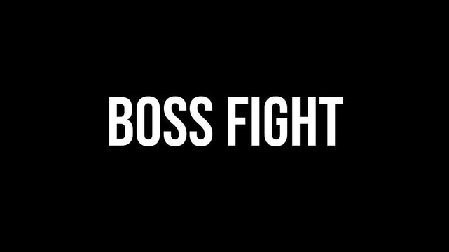 Dynamic kinetic typography animation where chaotic letters assemble into Boss Fight text with intense gaming style motion on a dark background.