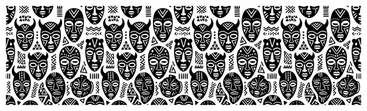 Decorative seamless pattern with various African tribal masks and ethnic folk symbols in vector style