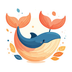 Whale with orange tail fins swimming. © Muh