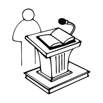 Simple line drawing of a person standing at a lectern with a book and microphone, educational icon
