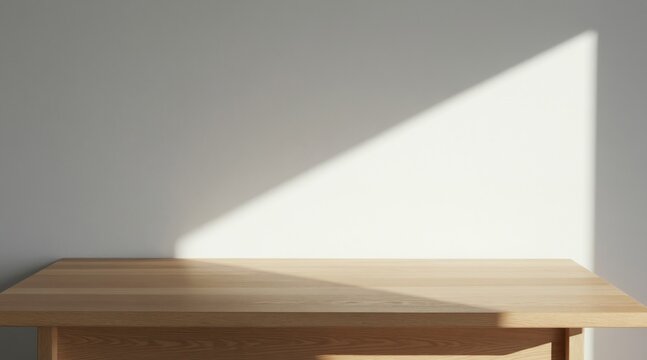 Minimalist wooden table surface for product placement. Plain wall background with soft diagonal light shadow adds clean aesthetic. Versatile empty space for design.