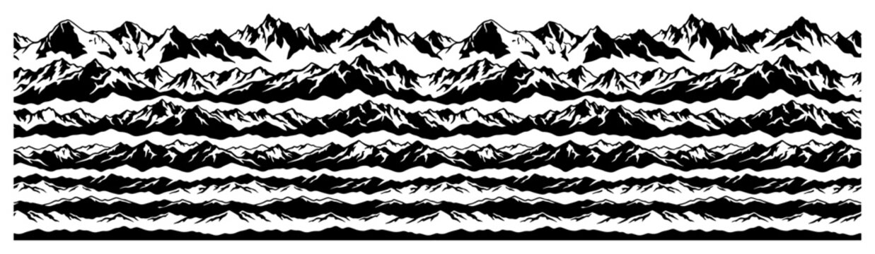 Mountain peaks pattern arranged in layered rows for panoramic background in silhouette style