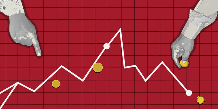 financial chart with hands and gold coins red grid background