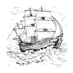 Sailing ship on waves, line art illustration © Rahman ullah 