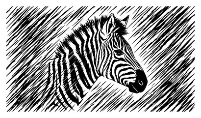Zebra head profile portrait with diagonal hatched background in sketched line art style © Camel
