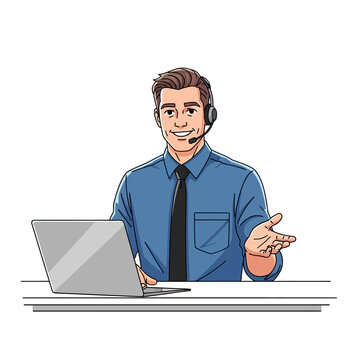 Cartoon man wearing headset working on laptop.