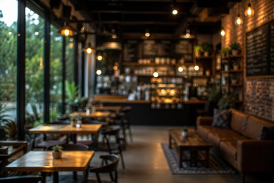 Blurred coffee shop interior background cozy cafe restaurant lounge with warm lighting industrial design brick wall and wooden furniture