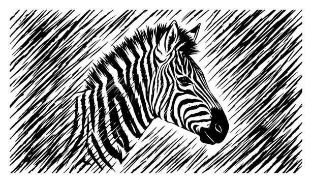 Zebra head profile portrait with diagonal hatched background in sketched line art style