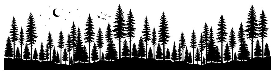 Obraz premium Pine forest tree silhouette landscape with moon and birds for nature and wilderness theme