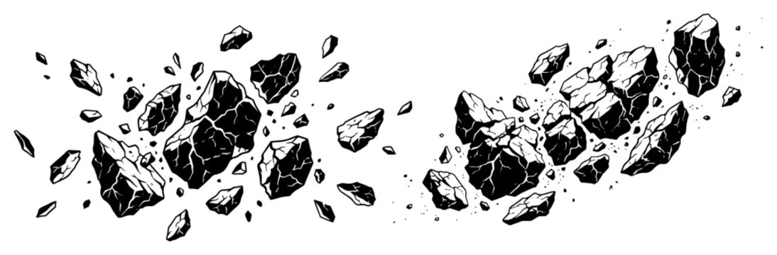 Exploding rock fragments and floating stone debris for dynamic action and destruction concept