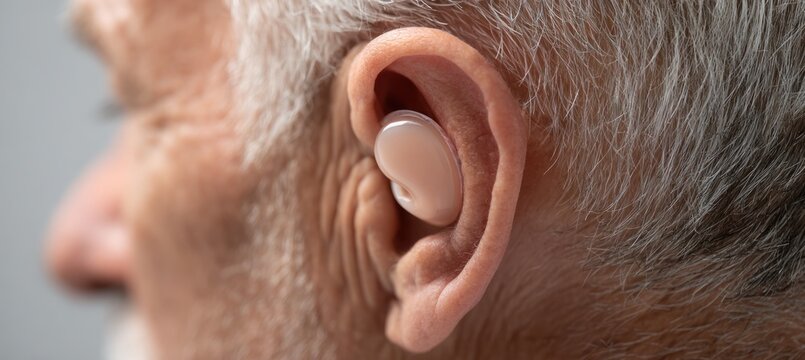 Senior Caucasian man in his 70s with fair skin is wearing a modern beige hearing aid in his ear to improve his auditory sense and daily health care.