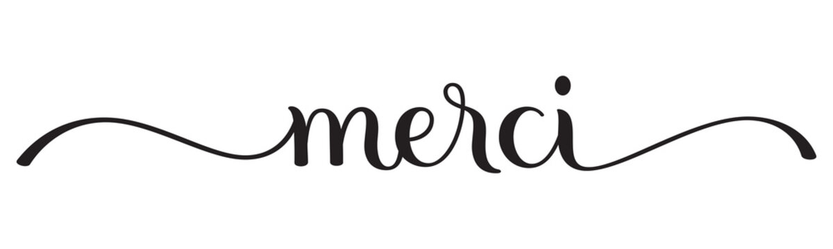 MERCI (THANK YOU in French) black brush lettering banner on transparent background