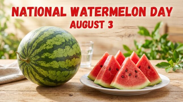 Watermelon slices on plate and whole watermelon on table
