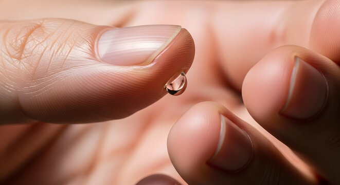 A single clear drop of water hanging from a person's fingertip