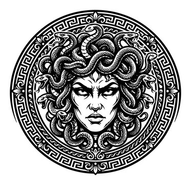 Medusa Gorgon head with snake hair within a Greek meander pattern circle in classic engraving style