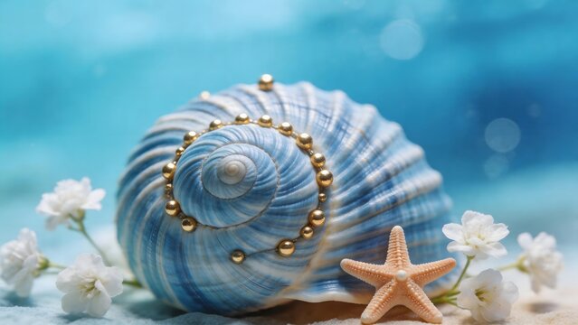 Blue seashell with starfish and flowers