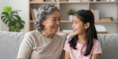 Obraz premium Grandmother and granddaughter share a special bond while sitting on the couch