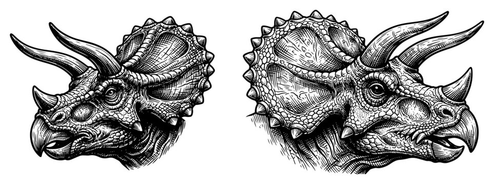 Triceratops dinosaur heads with horns and textured scales in detailed vintage engraving style