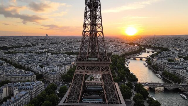 Paris Eiffel Tower Aerial View from Above in 4K with Romantic Golden Hour Cityscape