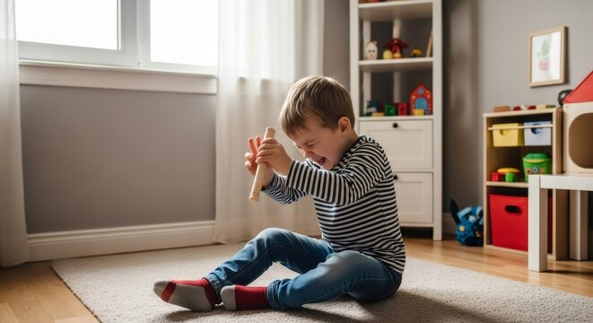 Little boy crying and having a temper tantrum on floor in living room. Child with autism spectrum disorder experiencing emotional meltdown.