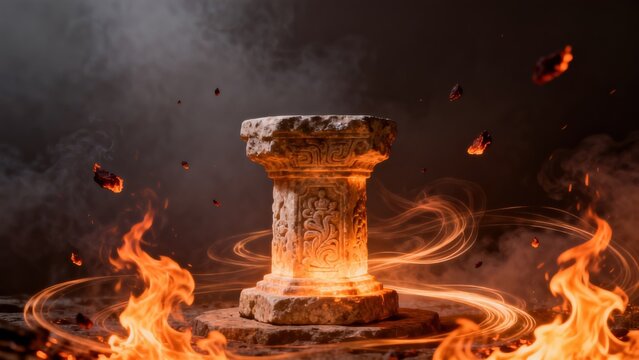 Stone column with fire and smoke