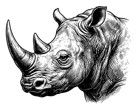 Rhinoceros head portrait with large horns in detailed vintage engraving style