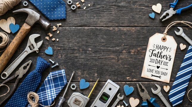 Happy fathers day greeting card with construction tools and blue ties on a dark rustic wooden background for a diy dad celebration gift concept