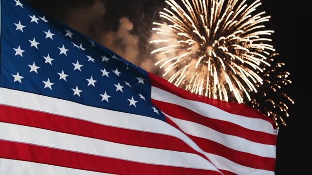Waving United States Flag and Golden Fireworks Celebration