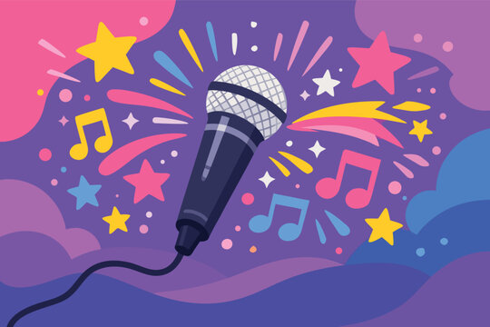 Vibrant simple flat vector illustration of a microphone at a karaoke party surrounded by musical notes and stars, capturing the energy of a live performance and exciting musical celebration.