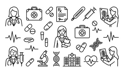 Naklejka premium Creative doctor outline vector icon set with minimalist healthcare and ECG symbols