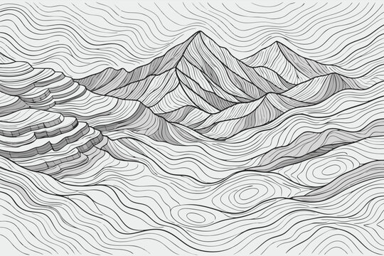 Detailed grayscale topographic map vector with abstract contour lines depicting geological strata and mountain ridges for terrain mapping, landscape planning, and scientific geography design.
